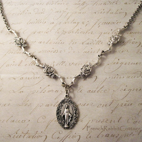 Miraculous Medal Pendant with Rose Necklace