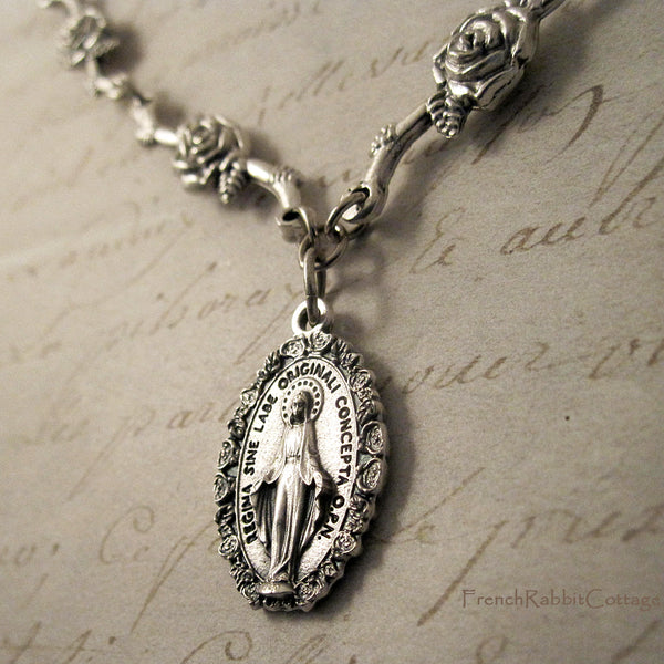 Miraculous Medal Pendant with Rose Necklace