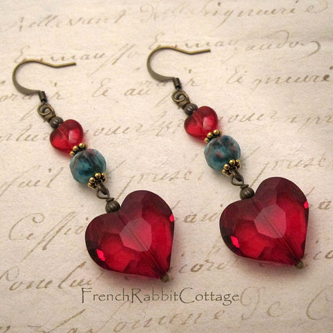 Large Red Heart Dangle Earrings with Turquoise Glass Beads