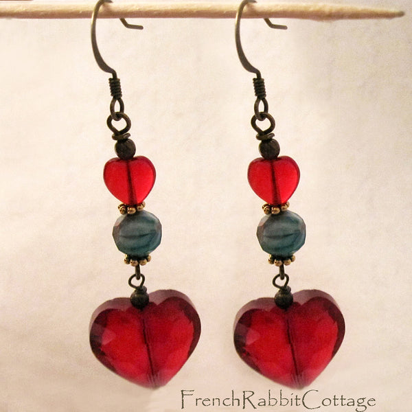 Large Red Heart Dangle Earrings with Turquoise Glass Beads