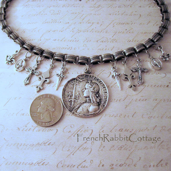 Joan of Arc Assemblage Necklace (Fleur de Lis, Crucifix, Sword)