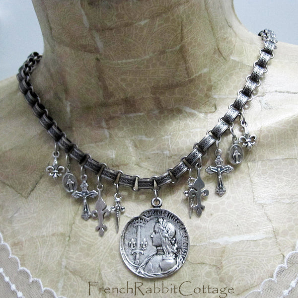 Joan of Arc Assemblage Necklace (Fleur de Lis, Crucifix, Sword)