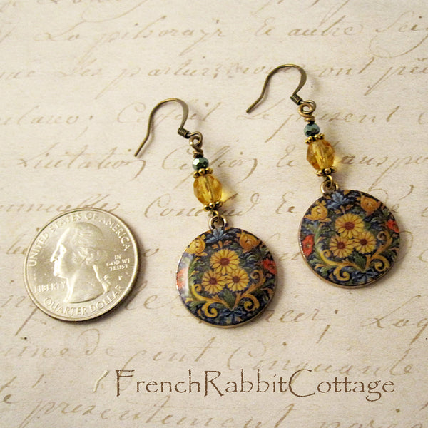 Colorful Sunflower Dangle Earrings (with Topaz Glass Beads)