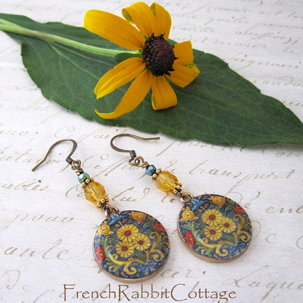Colorful Sunflower Dangle Earrings (with Topaz Glass Beads)