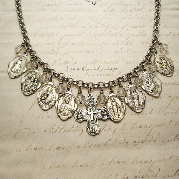 Art Deco Style Catholic Saints Necklace (Silver tone)