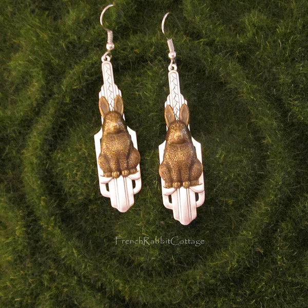 Bunny Rabbit Art Deco Dangle Earrings (Silver and Bronze tone)