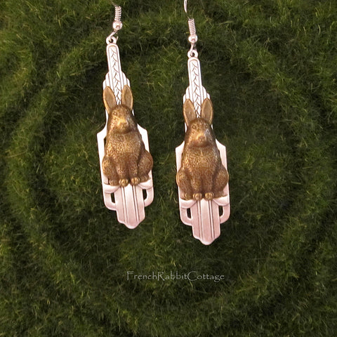 Bunny Rabbit Art Deco Dangle Earrings (Silver and Bronze tone)