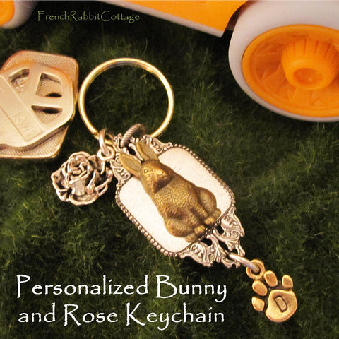 Bunny Rabbit and Rose Personalized Keychain