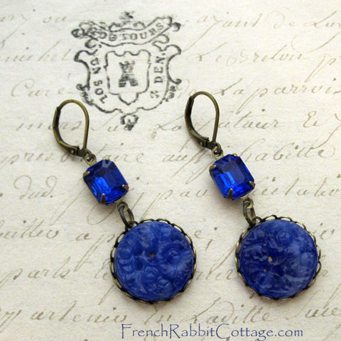 Sapphire Cobalt Blue Glass Earrings with Vintage Rhinestones