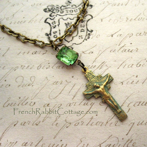 Crucifix Necklace with Verdigris Patina and Peridot Rhinestone