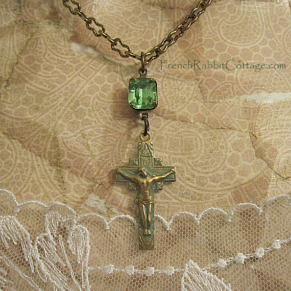 Crucifix Necklace with Verdigris Patina and Peridot Rhinestone