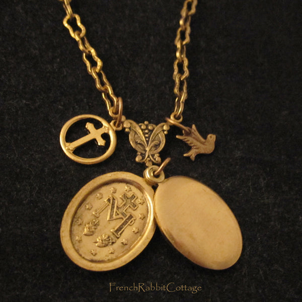 Mother Mary Locket Necklace. Lords Prayer Inside