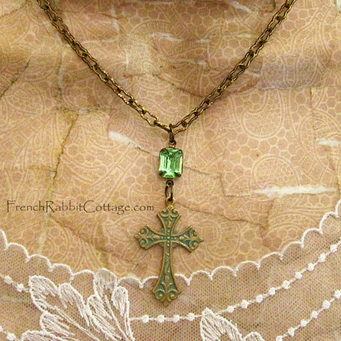 Verdigris Cross Necklace with Vintage Peridot Rhinestone