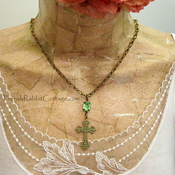 Verdigris Cross Necklace with Vintage Peridot Rhinestone