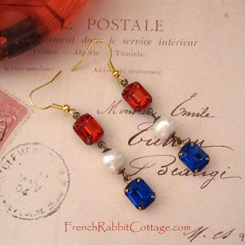 Red White and Blue Earrings.  July 4th Patriotic USA Rhinestone Dangle Earrings