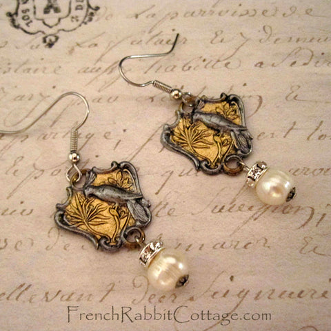Hand Painted Bird Earrings with Rhinestones and Pearls