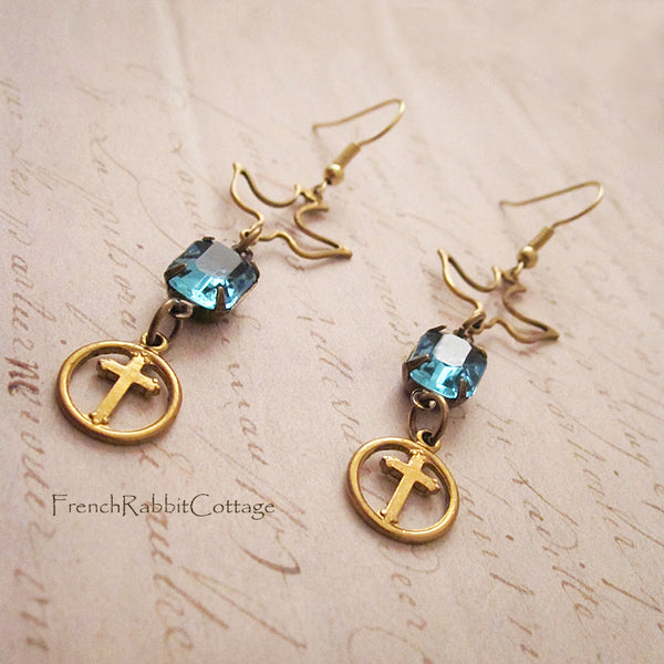 Dove and Cross Earrings. March Birthstone