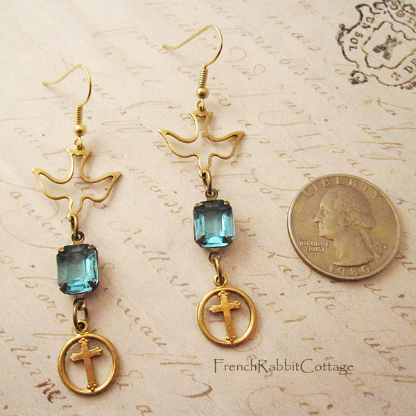 Dove and Cross Earrings. March Birthstone