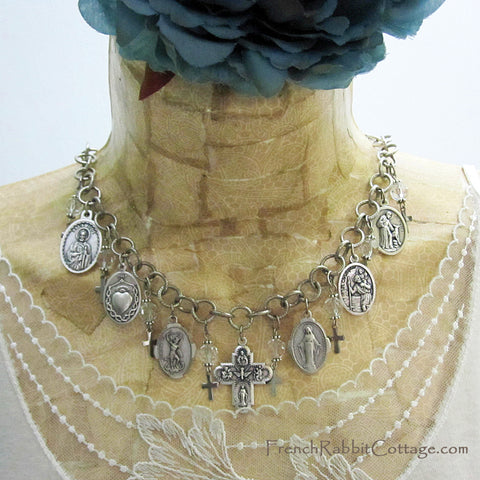 Catholic Saints Charm Necklace ( Silver Tone Medals )
