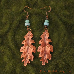 Oak Leaf Earrings. Long Dangle Earrings in Copper Turquoise Colors