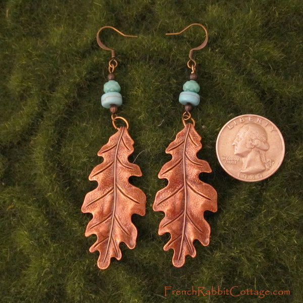Oak Leaf Earrings. Long Dangle Earrings in Copper Turquoise Colors