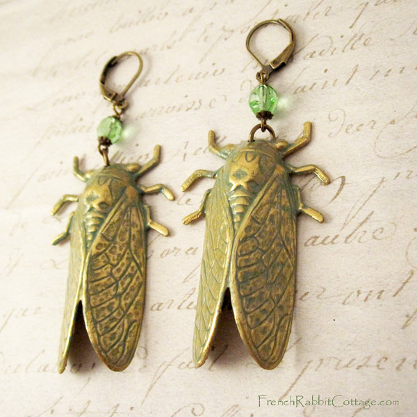 Cicada Earrings. Long Dangle Bug Earrings
