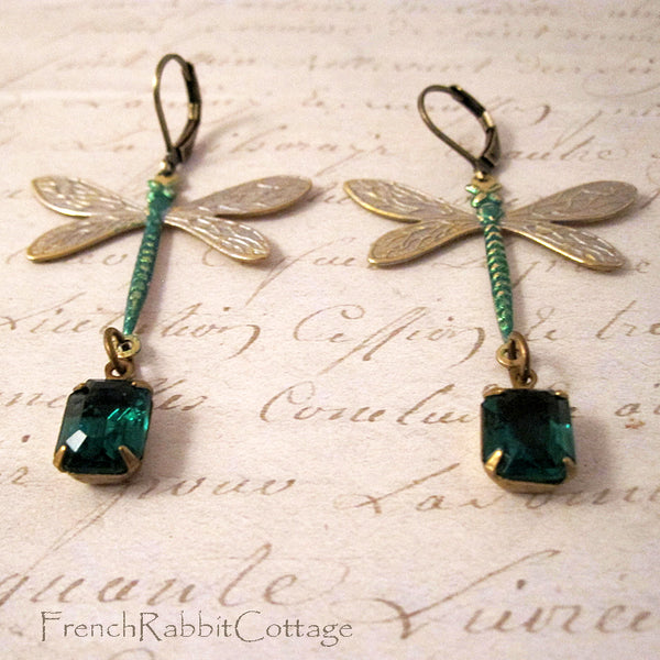 Dragonfly Earrings. Dangle Earrings with Green Emerald Rhinestones