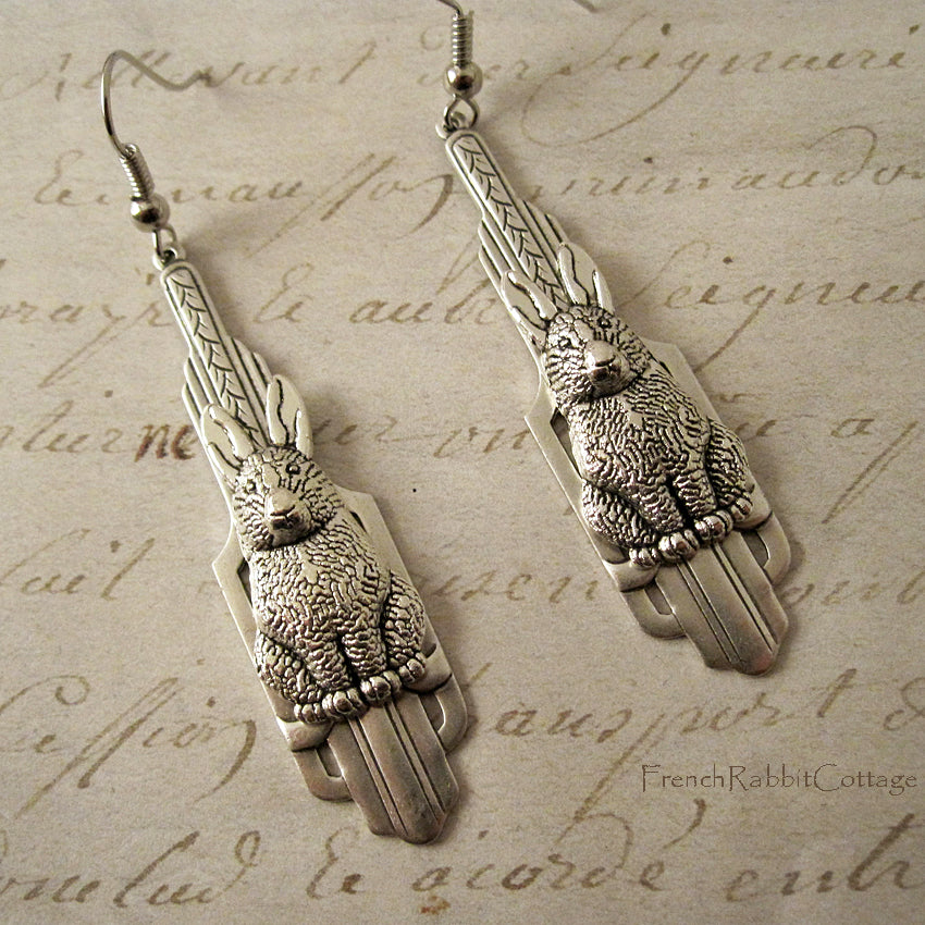 Bunny Rabbit Art Deco Dangle Earrings (Silver tone)