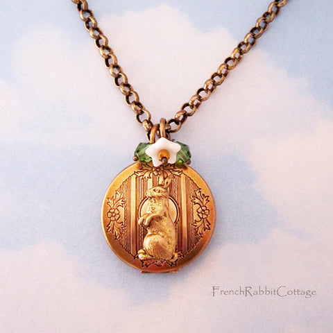 Bunny Rabbit Locket Necklace with Flowers