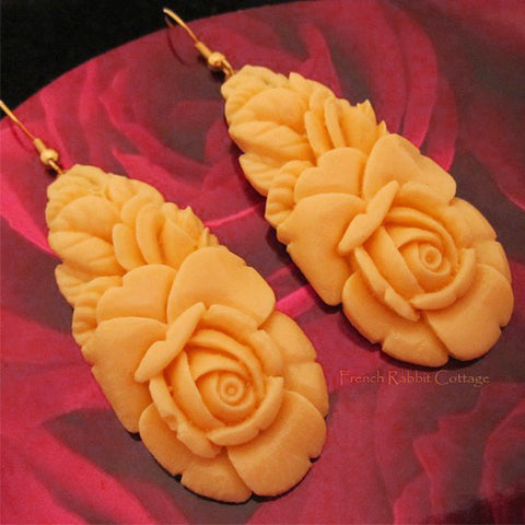 Floral Dangle Earrings. Faux Carved Celluloid