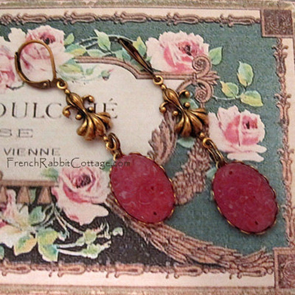Pink Glass Dangle Earrings with Vintage Cabochons