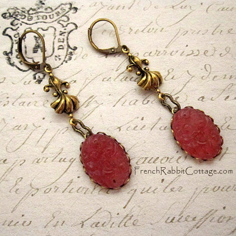 Pink Glass Dangle Earrings with Vintage Cabochons