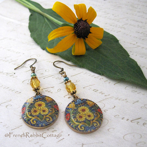 Colorful Sunflower Dangle Earrings (with Topaz Glass Beads)