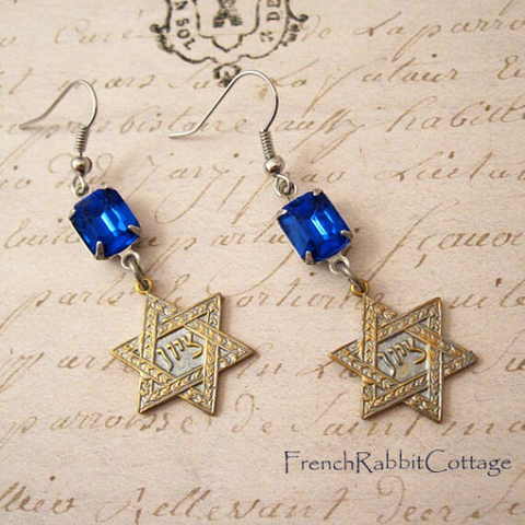 Star of David Earrings. Silver Tone with Blue Sapphire Rhinestones