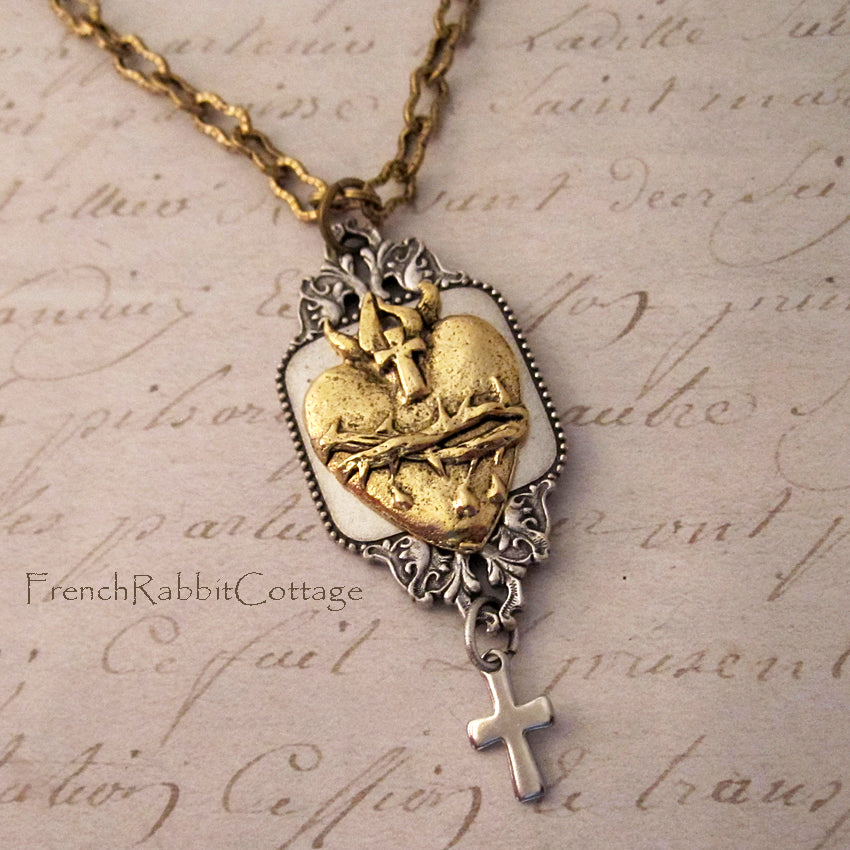 Sacred Heart of Jesus Necklace Pendant (Silver and Gold Tone