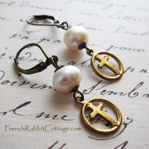 Cross and Pearl Earrings