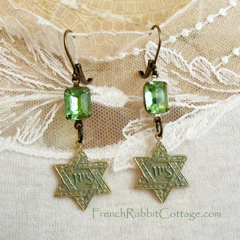 Star of David Earrings. Peridot and Patina