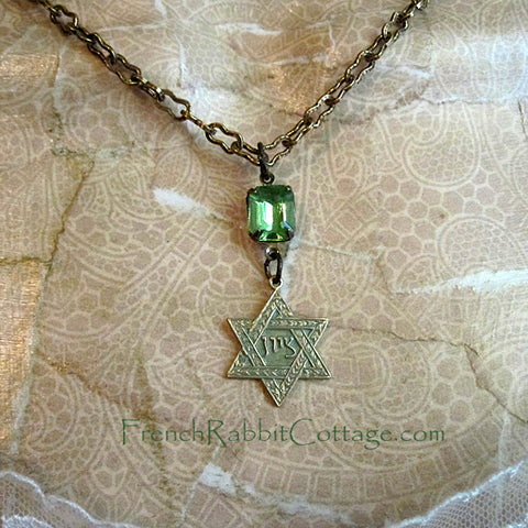 Star of David Necklace. Peridot and Patina