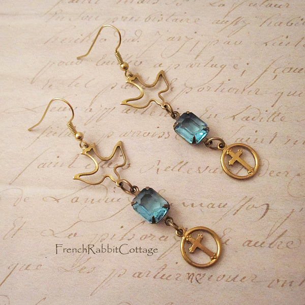 Dove and Cross Earrings. March Birthstone