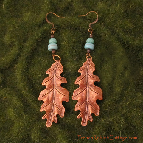 Oak Leaf Earrings. Long Dangle Earrings in Copper Turquoise Colors