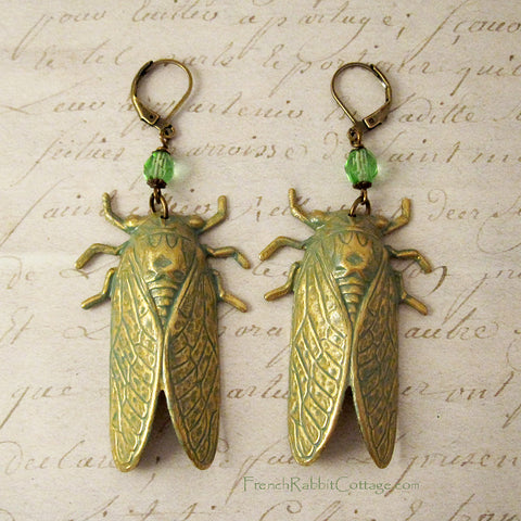 Cicada Earrings. Long Dangle Bug Earrings