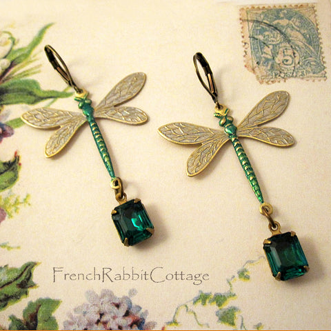 Dragonfly Earrings. Dangle Earrings with Green Emerald Rhinestones