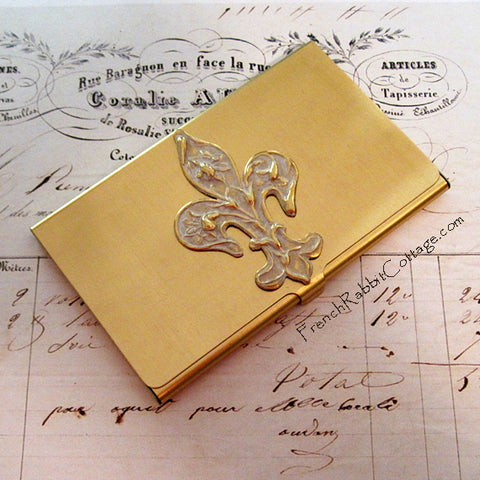 Fleur de Lis Business Card Case with White Patina